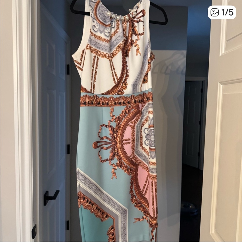 Ted Baker elegant Blue and Pink Patterned Midi Dress with pearls ! - Picture 4 of 4